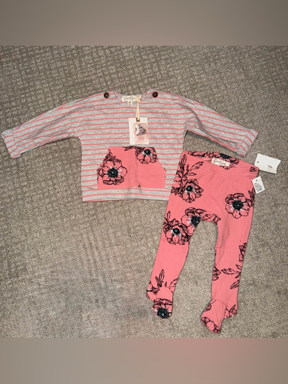 New Jessica Simpson Baby Pink Floral Pants & Striped Top Set 2 Piece Size 6-9M